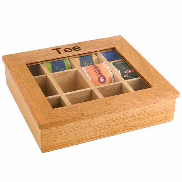Wooden Tea Box – 12 Chambers - 144 Tea Bags - Acrylic Window - Stay-Open Lid - Brown - 310×280×90 mm