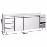 Bar- & Getränkekühltisch PREMIUM - 2690x600mm - mit 3 Türen, 3 Schubladen, Aufkantung & Ausklopfer für Kaffee
