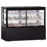 Vetrina pasticceria refrigerata MADRID - Self service - 530l - 1500mm - Doppio vetro - con 2 ripiani - LED interni; porte posteriori scorrevoli; incl. tenda notte; 4 lati vetro - Nero opaco