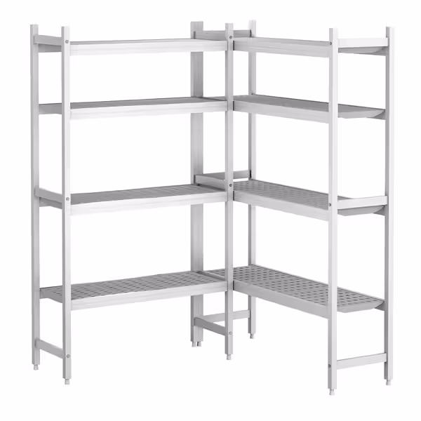 Aluminium/kunststof stelling - hoekopstelling L-vorm - 1306x1190mm - Diepte: 360mm - met 8 schappen - Draagvermogen totaal: 600kg