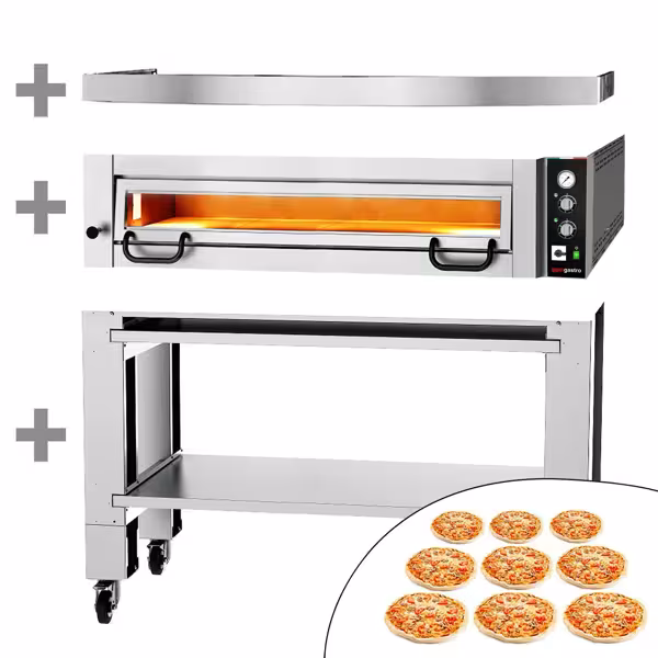 Elektrische pizzaoven (chamotte bakvloer) - 1480x1360x1135mm - 1 kamer - 1x9 pizza’s Ø34cm - tot 450°C - Handmatig - incl. afzuigkap & onderstel met wielenset