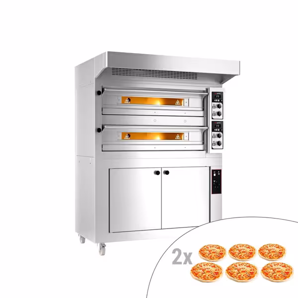 Elektrische pizzaoven (chamotte bakvloer) - 1420x1320x1960mm - 2 kamers - 2x6 pizza’s Ø33cm - tot 400°C - Handmatig - incl. afzuigkap & rijskast