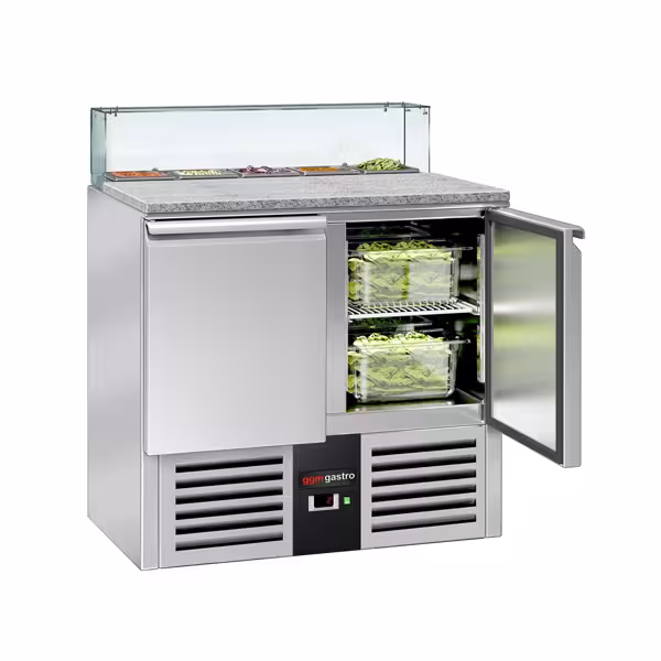 Mesa saladette refrigerada PREMIUM - 900mm - 240L - 2 puertas macizas - con vitrina de cristal para 5x GN 1/6