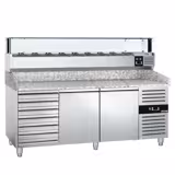 Commercial Pizza Prep Counter - Granite Top PREMIUM - 2000x800mm - with 2 doors & 7 drawers - incl. refrigerated topping unit with glass sneeze guard LED - 9x GN 1/3