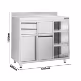 Ruostumattomasta teräksestä työkaappi - 1200x600 mm - 2 vetolaatikkoa oikealla, 1 saranaovi - roiskesuoja