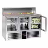 Saladette de Pizzas PREMIUM - 1368mm - 402L - frente preta - 3 portas de vidro - com encaixe para 7x GN 1/6 & Tampa em aço inox - bancada em granito preto