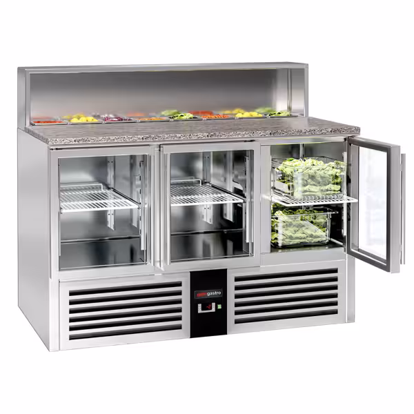 Saladette PREMIUM - 1368mm - zwart front - 3 glazen deuren - met RVS deksel voor 7x GN 1/6 - granieten werkblad