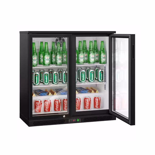 Chłodziarka barowa podblatowa na napoje - 900mm - 220L - z 2 przeszklonymi drzwiami na zawiasach - Czarna