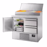 Table réfrigérée de préparation Mini - 978 x 700 mm - avec 1 porte et 2 tiroirs - avec superstructure en inox 5 x GN 1/4