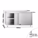 Table armoire en acier inoxydable PREMIUM - 1600x800mm - avec portes coulissantes et étagère basse - avec dosseret