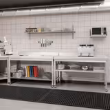 Edelstahl Arbeitstisch PREMIUM - 1400x600mm - mit Grundboden, Aufkantung & Rollen