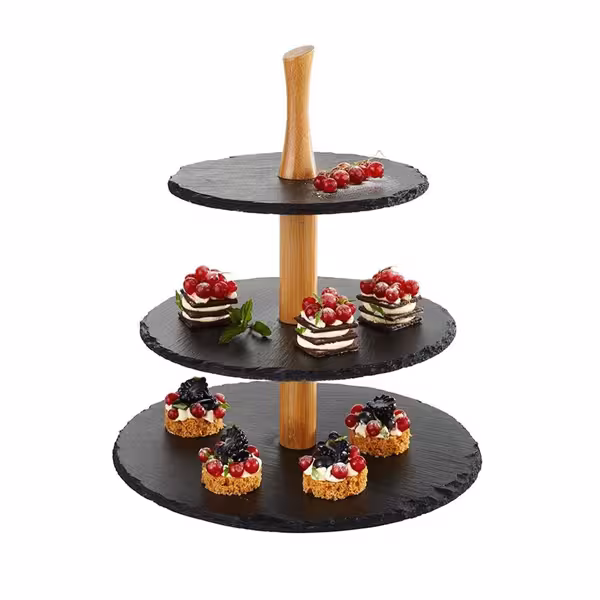 3-Tier Round Slate Buffet Display Stand – Ø300xH340mm - Acacia Wood Frame - Black