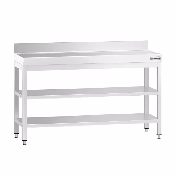 Rozsdamentes acél munkaasztal PREMIUM - 1400x800 mm - alsó polccal & hátsó peremmel & köztes polccal