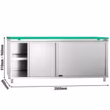 Mesa armario inox PREMIUM - para frutas y verduras - 2000x800mm - con puertas correderas con estante intermedio - incl. Tabla de corte Verde