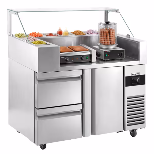 Saladette Kompakt - 1210x700 mm - glasöverdel - 1 dörr & 2 lådor - för 9x GN 1/6 - inkl. Korvgrill/Hot dog‑grill & -värmare