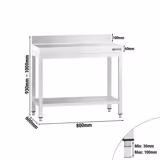 Mesa de trabajo de acero Inox. PREMIUM - 800x600mm - con estante inferior y zócalo