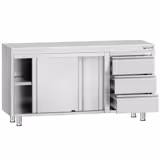 Mesa armario inox ECO - 1400x600mm - con 3 cajones derecha y con estante intermedio