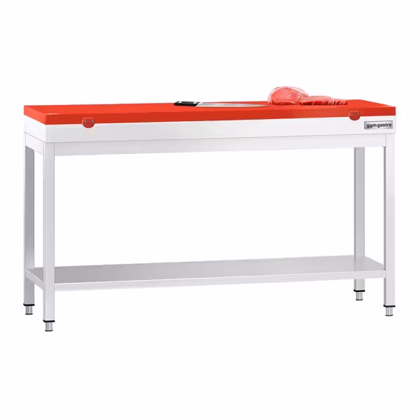 Nerezový pracovní stůl PREMIUM - 1600x600 mm - se spodní policí & s vyztuženou pracovní deskou - vč. krájecí desky – červená