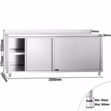 Tavolo armadiato in acciaio inox PREMIUM - 2000x700mm - con 2 porte scorrevoli - con alzatina