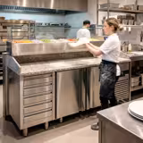 Commercial Pizza Prep Counter - Granite Top PREMIUM - 2100x800mm - with 2 doors & 5 drawers - incl. refrigerated topping unit with glass sneeze guard - 10x GN 1/3