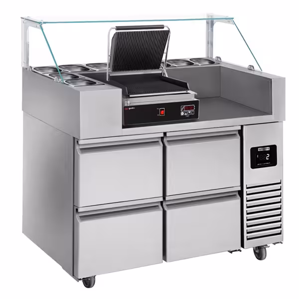 Voorbereidingstafel - 1210mm - 4 laden - voor 9x GN 1/6 - incl. digitale contactgrill