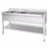 Mesa de lavagem em aço inoxidável PREMIUM - 1800x600mm - com prateleira inferior - com alçado - com 2 cubas à esquerda - com escorredor à direita