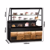 Koeltoonbank TORONTO - 1600x880mm - kleur zwart - front houtlook natur - dubbel glas - met 2 legroosters - zwart granieten werkblad
