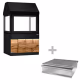 Grill na węgiel drzewny TORONTO - 1100 mm - drewniany panel przedni - blat roboczy kuchenny  z czarnego granitu - szyba żaroodporna	