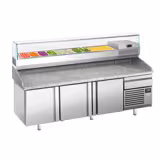 Table réfrigérée à pizza Premium PLUS - 2305 x 800 mm - avec 3 portes & 1 tiroir - incl. vitrine réfrigérée de présentation - 10x GN 1/3