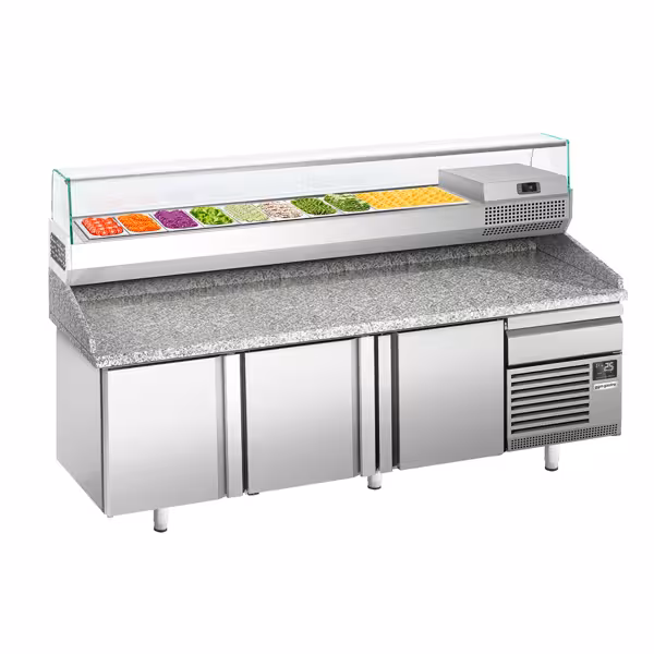 Commercial Pizza Prep Counter - Granite Top PREMIUM PLUS - 2305x800mm - with 3 doors & 1 drawers - incl. refrigerated topping unit with glass sneeze guard - 10x GN 1/3