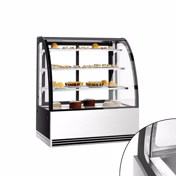 Vitrina para pasteles / Expositor refrigerado - 1,2 m - 3 baldas - frontal cristal redondo (LED)