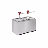 Dávkovač omáčky - pochromované provedení - se stojanem - 2× 2 l - 340x180x340 mm - vhodné pro GN 1/6, hloubka 200 mm - einstellbarer Dosierung - s nádobou - vč. nerezového stojanu