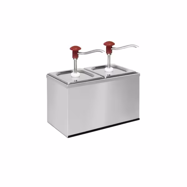 Sausdispenser - verchroomd - 2x2L - 340x180x340mm - geschikt voor GN 1/6 bak 200mm diep - instelbare dosering - met bak - incl. RVS frame