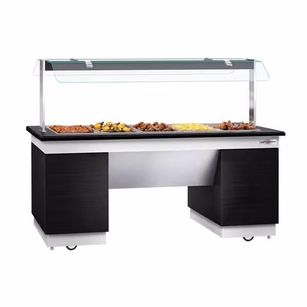 Heated Bain Marie Counter DUBLIN - 2000mm - with Bain Marie Well + Flat Glass Sneeze Guard - on Castors - for 5x GN 1/1 - Black