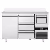 Bar- & Getränkekühltisch PREMIUM - 1580x600mm - mit 1 Tür, 3 Schubladen, Aufkantung & Ausklopfer für Kaffee