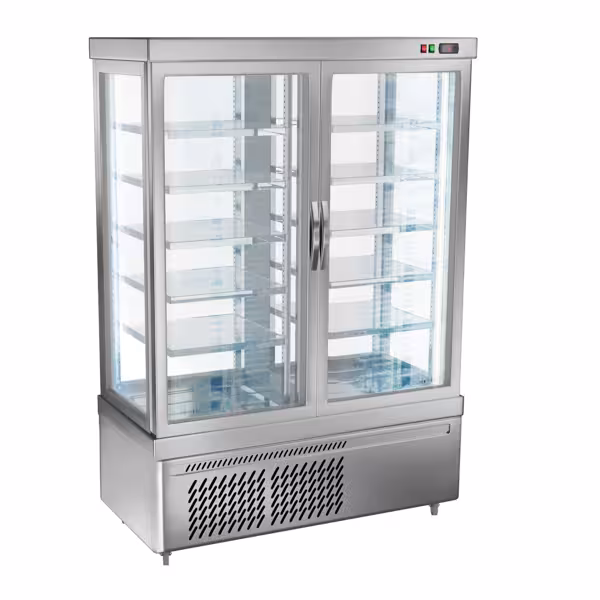 Vetrina Refrigerata Verticale 4 Lati Vetro – Panoramica Professionale - per esposizione formaggi - 930l - 1320mm - Doppio vetro - con 10 ripiani - 4 lati vetro; LED interni