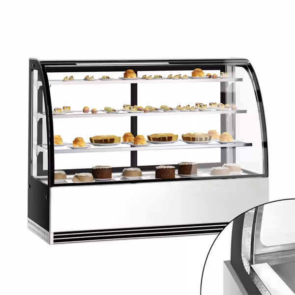 Vetrina pasticceria refrigerata - 633l - 1800mm - Doppio vetro - vetro curvo - con 3 ripiani - porte posteriori scorrevoli; LED interni