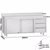 Paslanmaz Çelik Dolaplı Çalışma Tezgahı ECO - 2000x700mm - ile Sürgülü Kapılı & Sağ 3 Çekmeceli & Ara Raflı & Sırt