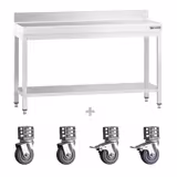 Edelstahl Arbeitstisch PREMIUM - 1400x600mm - mit Grundboden, Aufkantung & Rollen