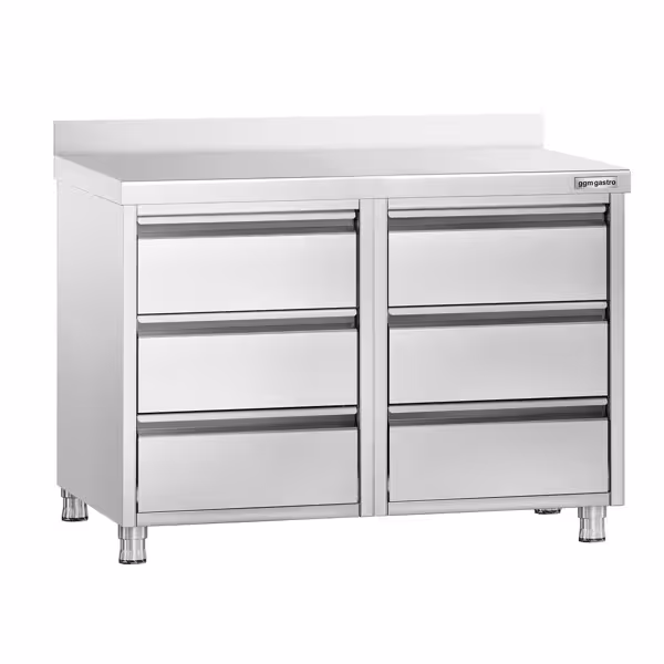 Meuble bas à tiroirs PREMIUM - Acier inoxydable - avec 6 tiroirs & dosseret 100mm - 1000x700mm