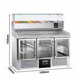 Commercial Refrigerated Pizza Prep Counter PREMIUM - 1400x700 - 3 Glass Doors - Top Display Rail - 6x GN 1/4