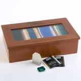 Mini boîte à thé en bois - 4 compartiments - avec fenêtre acrylique - sans gravure - Brun foncé