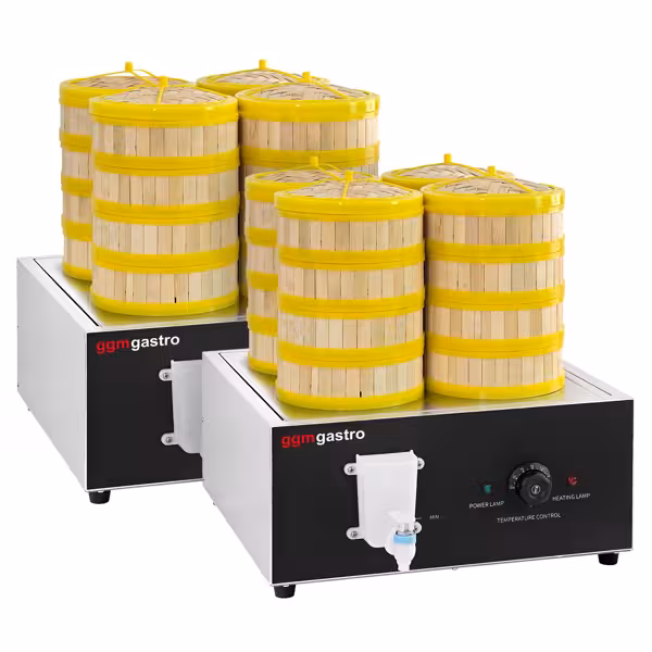 (2 pcs) - Commercial Dim Sum & Dumpling Steamer - 2.5kW - Manual - incl. 32 Bamboo Baskets & 8 Lids