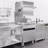 Máquina de lavar loiça de cúpula - Digital - 8,7kW - incl. Lava-loiça industrial em inox lado esquerdo, mesa de preparação lado direito - com recuperação de calor, bombas doseadoras de detergente e abrilhantador e bomba de drenagem