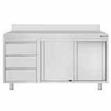 Arbetsbänk med skåp i rostfritt stål ECO - 1400x700 mm - med 2 skjutdörrar, 3 lådor vänster