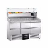 Commercial Pizza Prep Counter - Granite Top PREMIUM - 1400x700mm - with 0 doors & 6 dough drawers 1/2 - incl. refrigerated topping unit with glass sneeze guard - 6x GN 1/4
