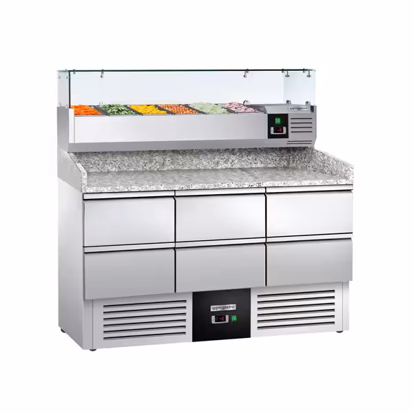 Pizzawerkbank PREMIUM - 1400x700mm - met granieten werkblad - met 6 laden 1/2 - incl. opzetkoelvitrine - 6x GN 1/4