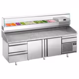 Commercial Pizza Prep Counter - Granite Top PREMIUM PLUS - 3305x800mm - with 3 doors & 3 drawers - incl. refrigerated topping unit with glass sneeze guard - 11x GN 1/4