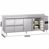 Tavolo refrigerato ECO - 2230x700mm - Ventilata - 533 L - con 2 porte battenti - con 4 cassetti - Alzatina