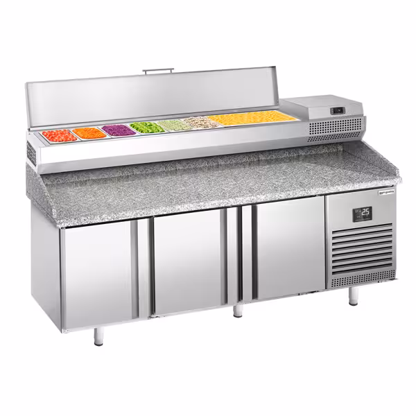 Pizzawerkbank PREMIUM PLUS - 1980x700mm - met granieten werkblad - met 3 deuren - incl. opzetkoelvitrine - 9x GN 1/4